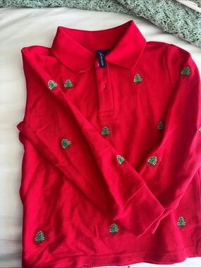 Janie and Jack Red Long-Sleeve Polo with Green Tree Embroidery